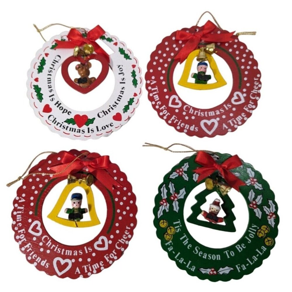Christmas Ornaments 4-Pc Hearts and Figurines Red Bows Round Wood Vintage 1985